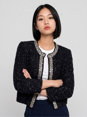 ALPACA Blend Cardigan Naf Naf  L Navy Metallic Sequin Cropped Jacket Y2K Fits M